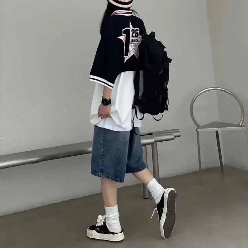 Baggy Wide Leg Denim Half Pants