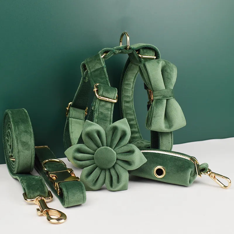 Forest Green Velvet Dog Collar And Leash Set