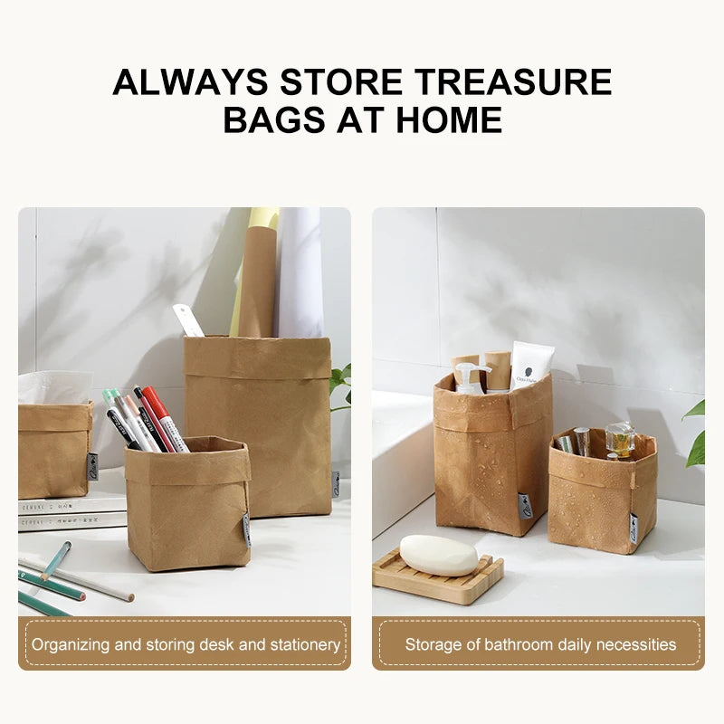 Waterproof Kraft Paper Storage Bag Kitchen Bedroom Reusable Eco-Friendly Foldable Multi Functional Home Storage Products