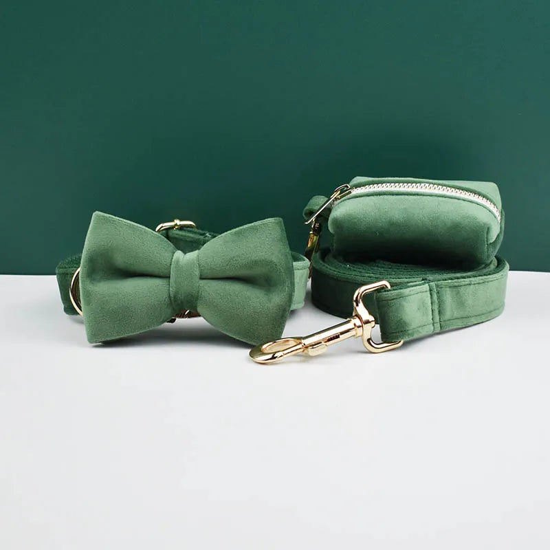 Forest Green Velvet Dog Collar And Leash Set