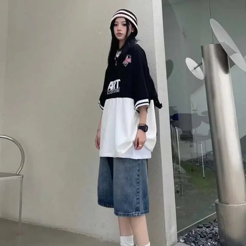 Baggy Wide Leg Denim Half Pants